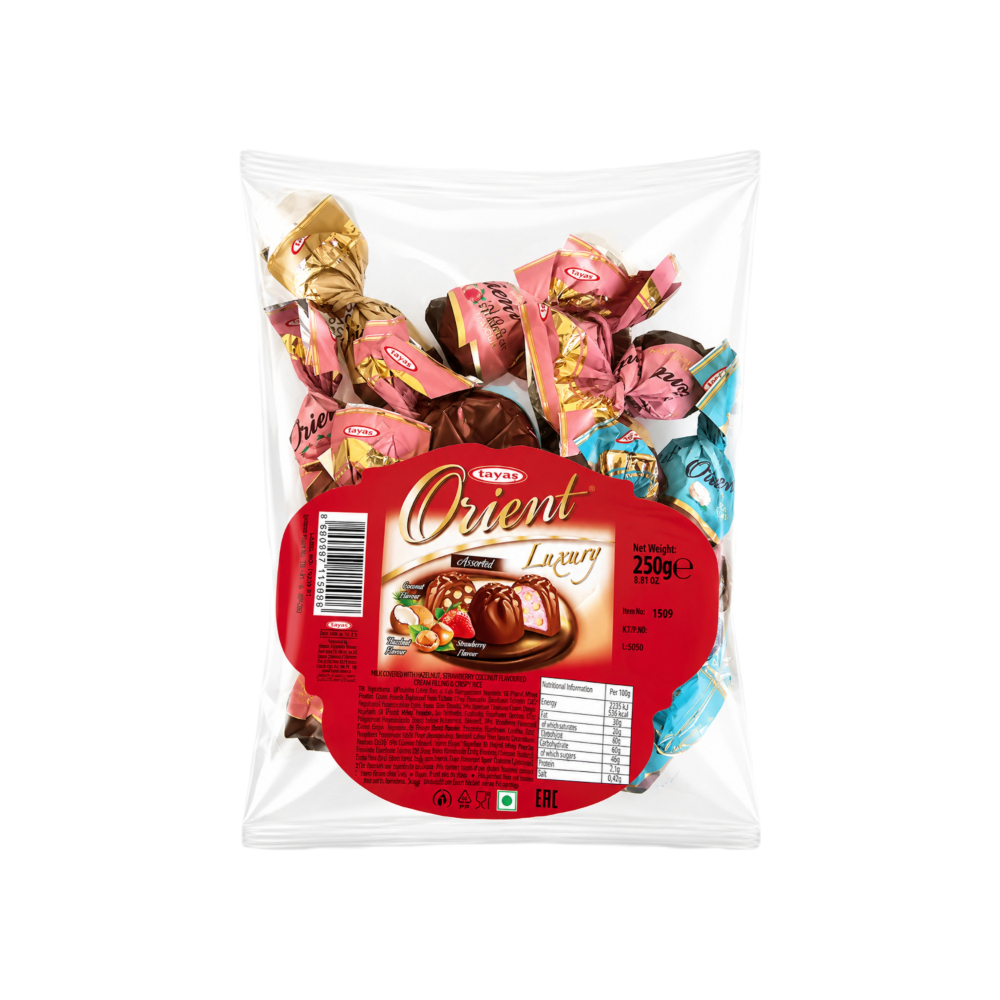 Bombones de cacao con leche con sabor a avellana, fresa y coco rellenos de crema y arroz crujiente Tayas Orient (250 g / 8. 82 oz)