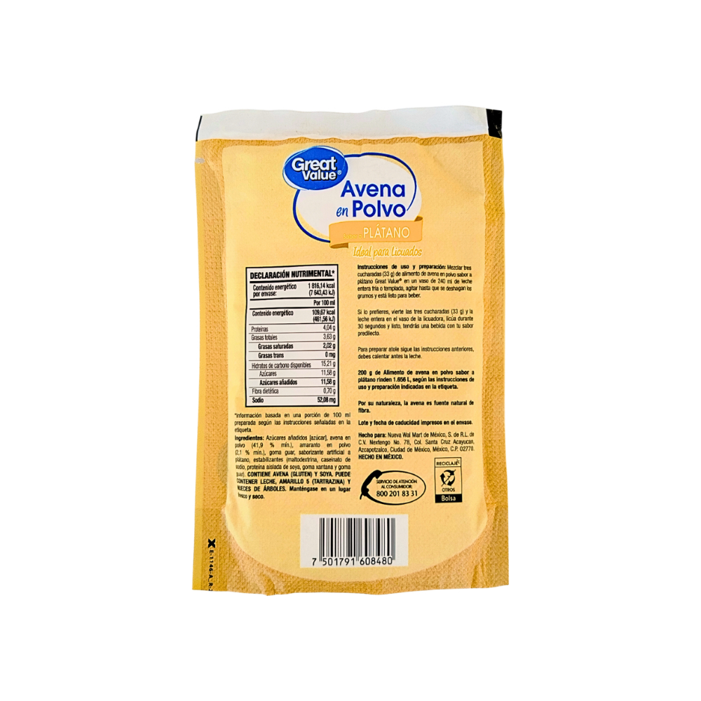 Avena para licuado instantáneo sabor plátano Great Value (200 g / 7. 05 oz)7