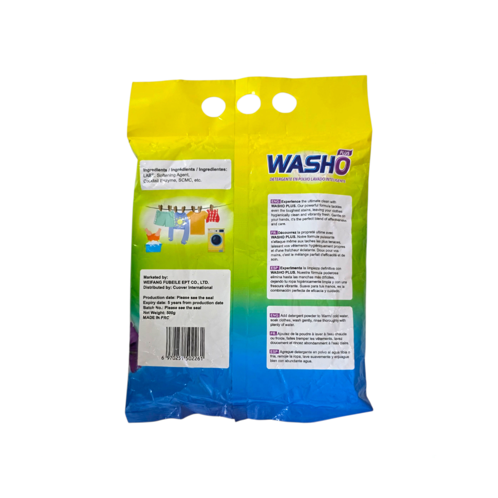 Detergente en polvo lavado inteligente Washo plus (500 g / 1. 10 lb)1