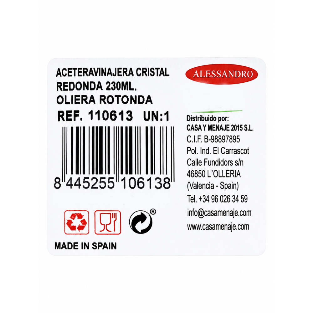 Aceitera/vinajera redonda cristal tapón antigoteo 250 ml Alessandro2