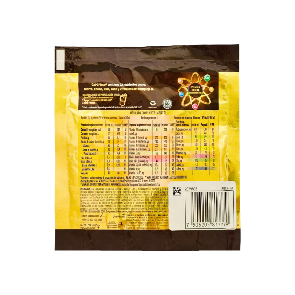 Alimento en polvo fortificado para preparar una bebida sabor a chocolate Cal-c-Tose (65 g / 2. 3 oz)1