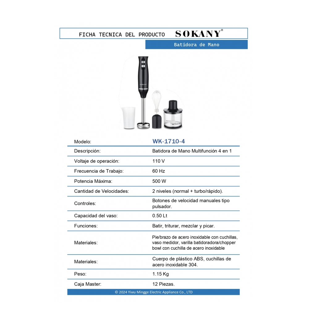 Batidora de mano 4 en 1 Sokany wk-1710-43