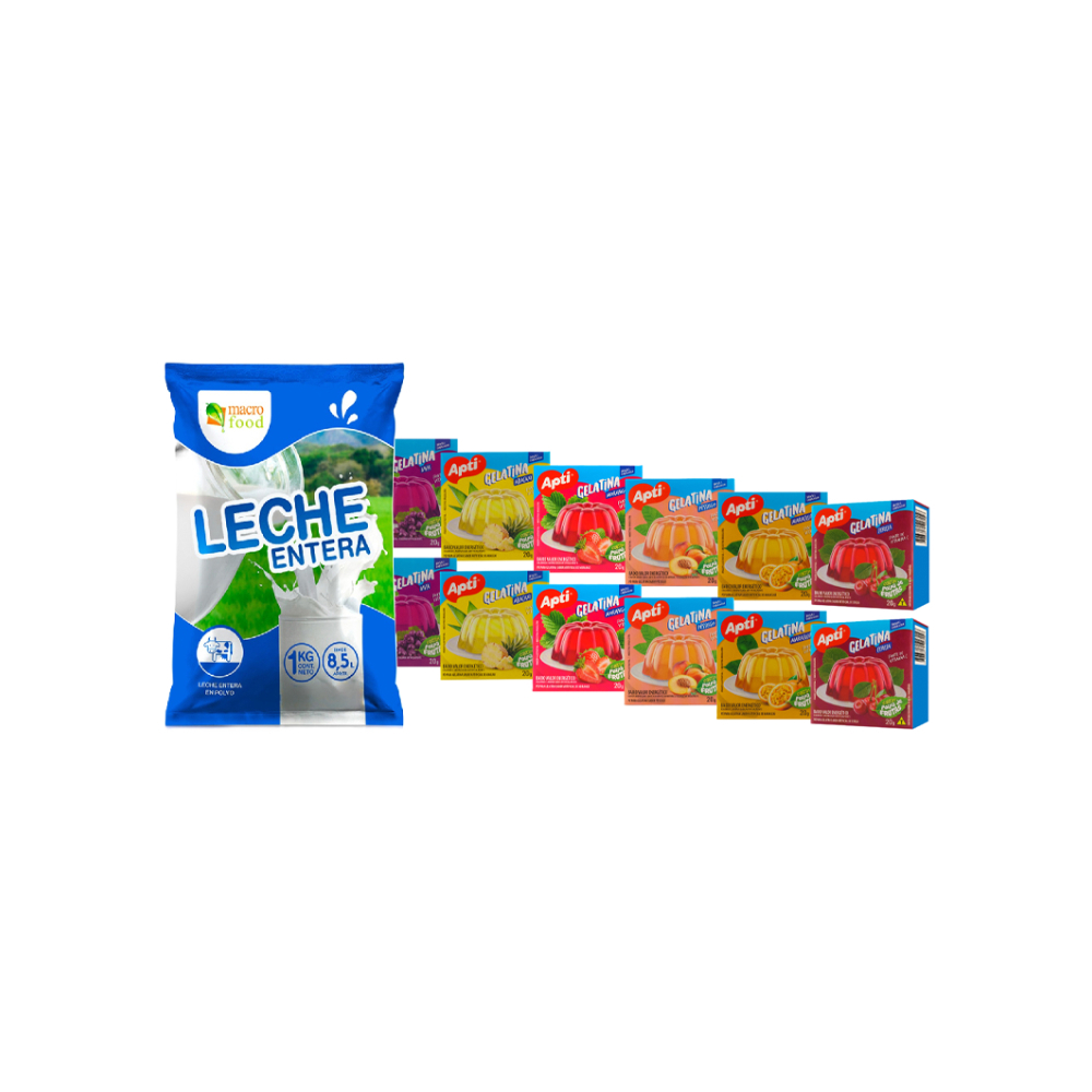 Leche en polvo + Gelatina sabor uva + Gelatina sabor piña + Gelatina sabor melocotón + Gelatina sabor maracuyá + Gelatina sabor fresa + Gelatina sabor cereza