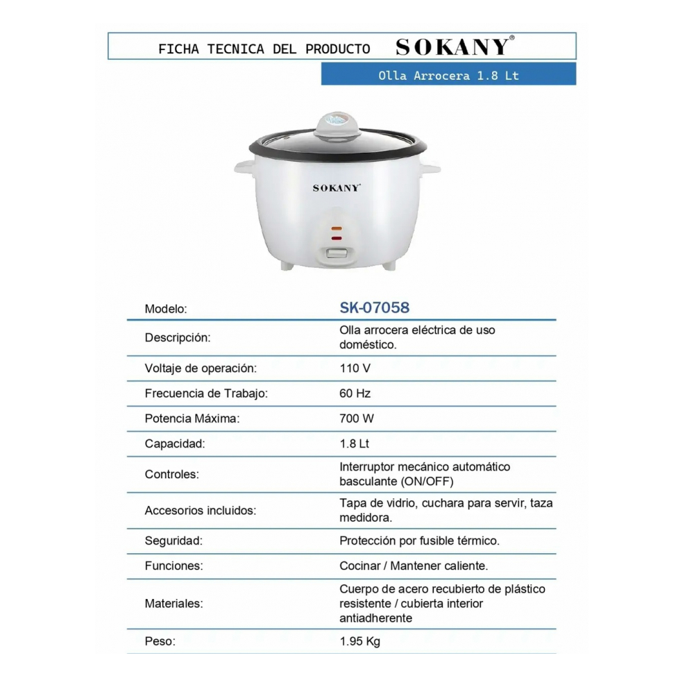 Olla arrocera eléctrica convencional 1. 8 l Sokany sk- 070582