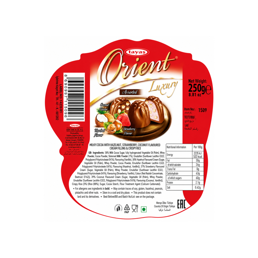 Bombones de cacao con leche con sabor a avellana, fresa y coco rellenos de crema y arroz crujiente Tayas Orient (250 g / 8. 82 oz)2