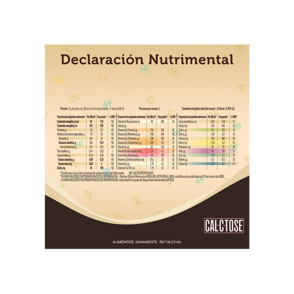 Alimento en polvo fortificado para preparar una bebida sabor a chocolate Cal-c-Tose (65 g / 2. 3 oz)3