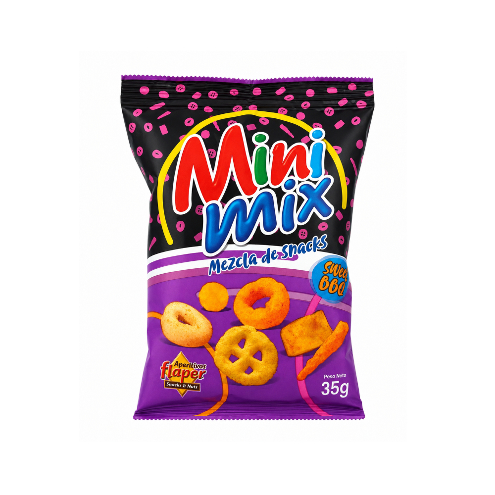 Mezcla de aperitivos fritos, horneados y aromatizados sabor bbq dulce Flaper Mini Mix (35 g / 1. 23 oz)