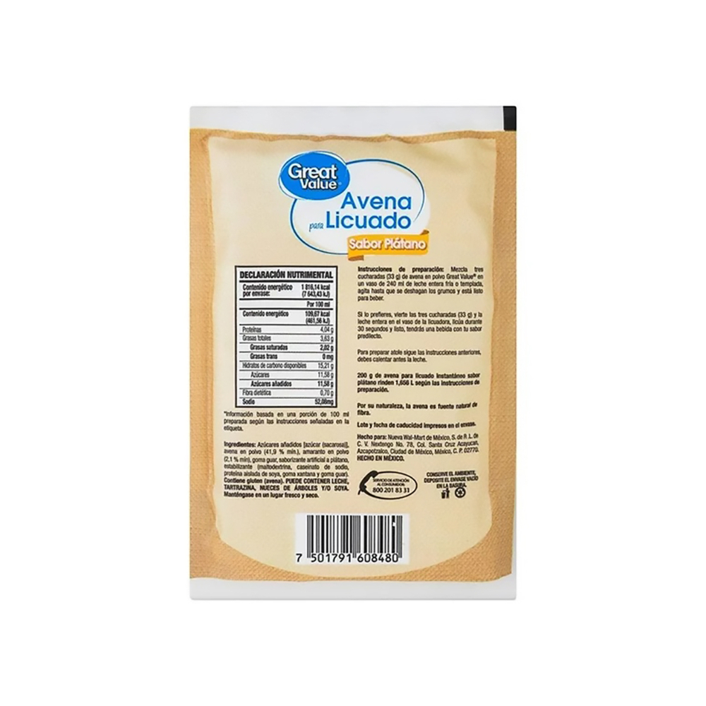 Avena para licuado instantáneo sabor plátano Great Value (200 g / 7. 05 oz)3