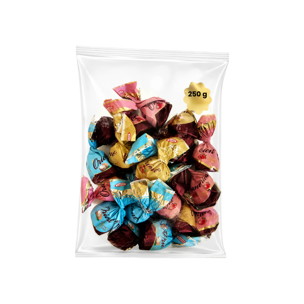 Bombones de cacao con leche con sabor a avellana, fresa y coco rellenos de crema y arroz crujiente Tayas Orient (250 g / 8. 82 oz)1