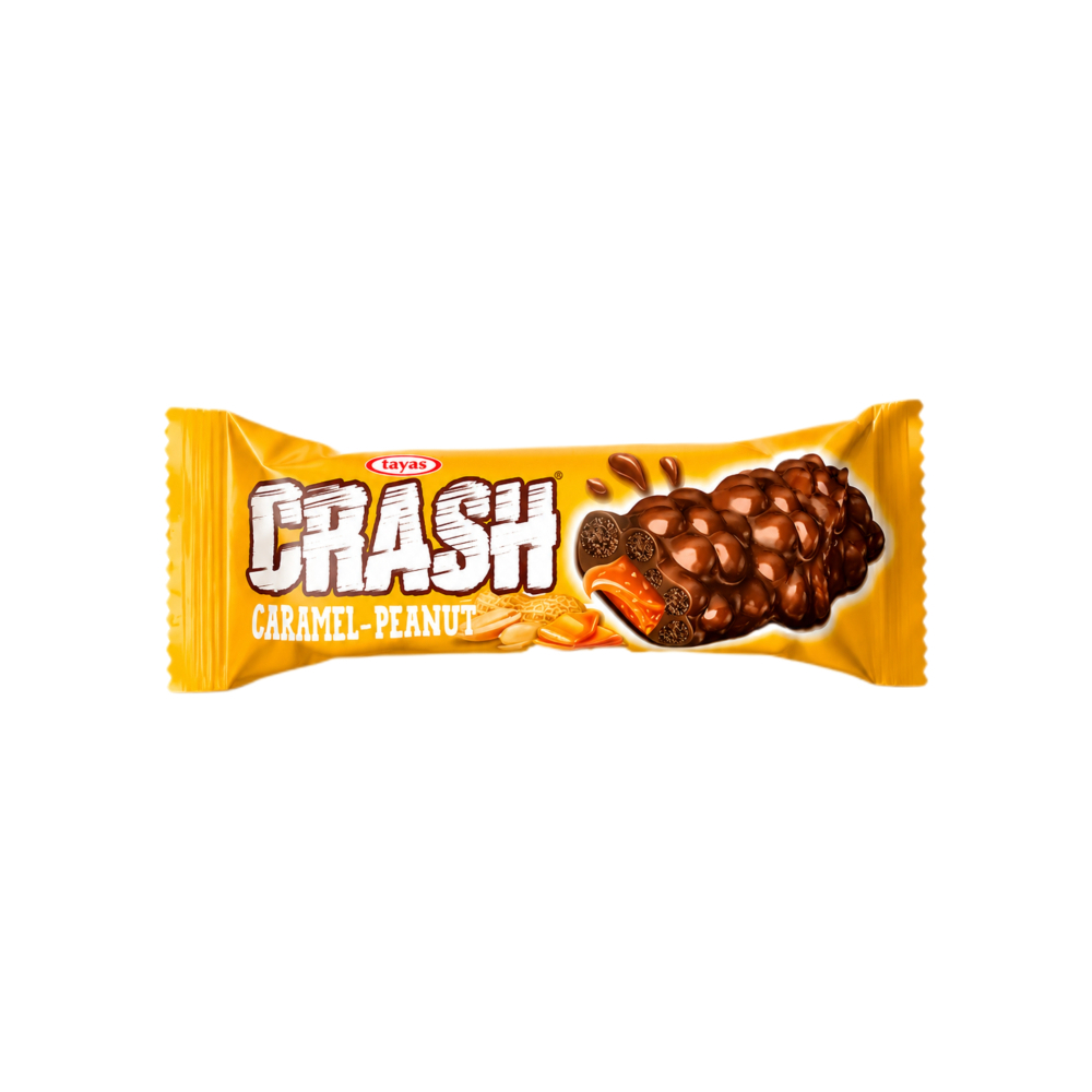 Barra de cacahuete con cobertura de cacao crujiente de maíz y arroz y caramelo Crash Tayas (40 g / 1. 41 oz)0