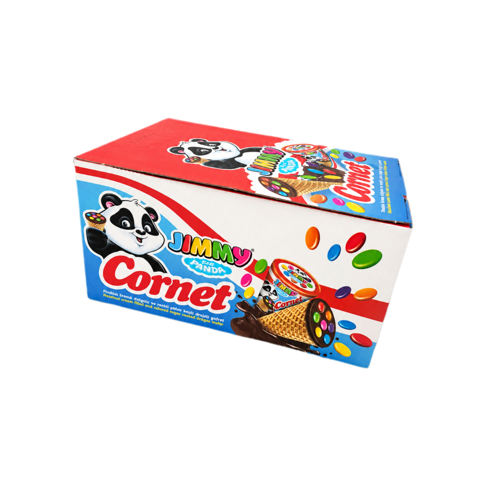 Caja de conos tipo barquillo con relleno de avellana y grajeas Jimmy Panda (600 g / 1. 32 lb)