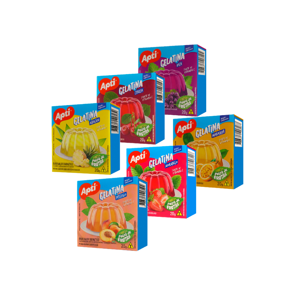 Gelatina sabor uva + Gelatina sabor piña + Gelatina sabor melocotón + Gelatina sabor maracuyá + Gelatina sabor fresa + Gelatina sabor cereza